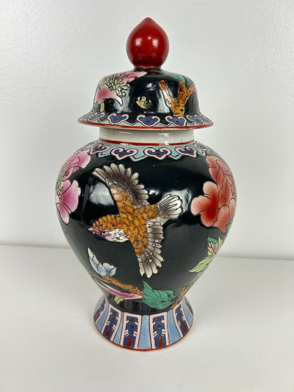Vintage Japanese Hand Painted Ginger Jar w/ Lid Birds Florals Pottery Vase